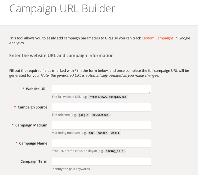 شاشة إعداد أداة Google Analytics Campaign URL Builder