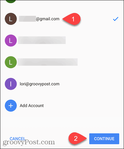 حدد البريد الإلكتروني أو إضافة حساب