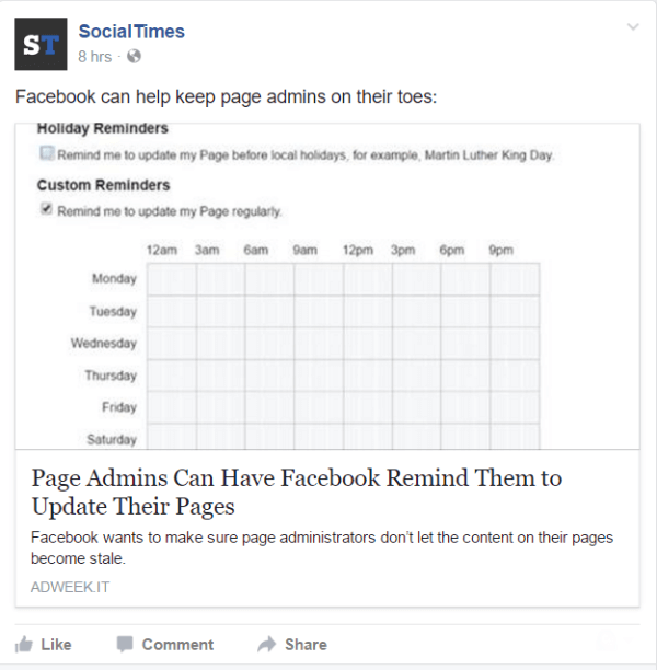 يضيف Facebook القدرة على تعيين تذكيرات لمسؤولي الصفحة.