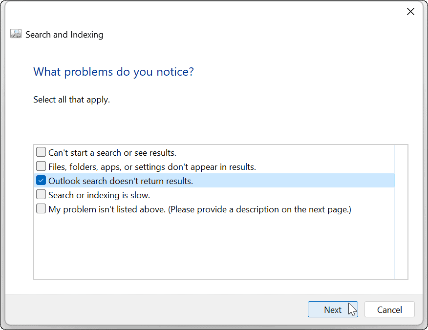 Windows 11 Outlook Search لا يعمل