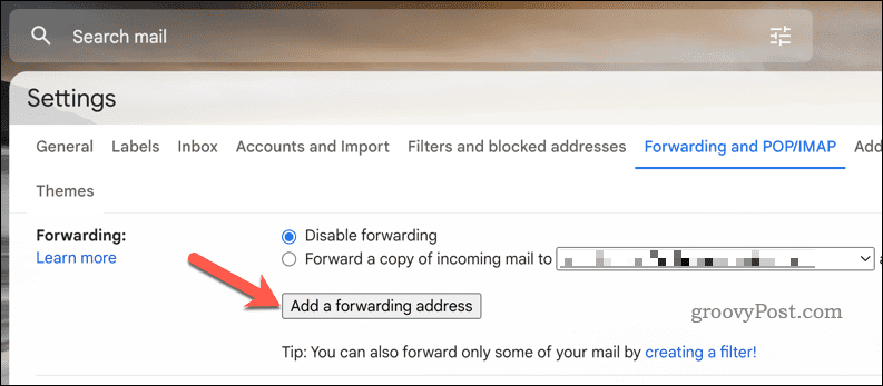 أضف عنوان Gmail لإعادة التوجيه
