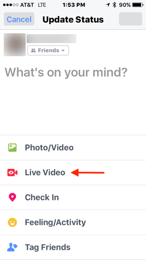 في تحديث حالة Facebook الخاص بك ، انقر فوق Live Video.