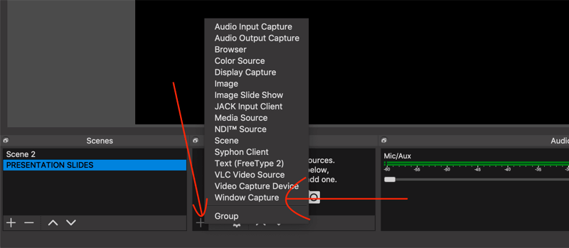 حدد خيار Window Capture في OBS Studio