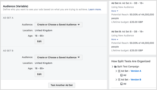اختبار الانقسام تشغيل إعلانات Facebook الخاصة بك إلى جمهورين أو أكثر.