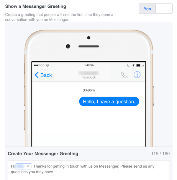 يمكنك إعداد رسالة ترحيب مخصصة لـ Facebook Messenger في الإعدادات الخاصة بك.