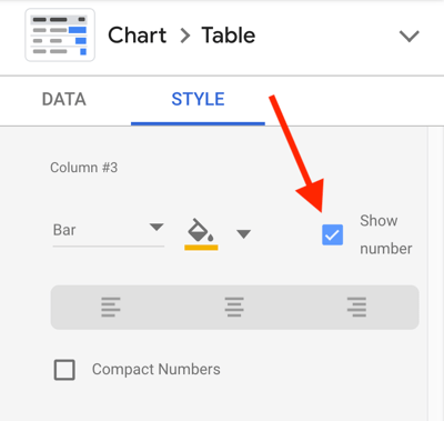 استخدم Google Data Studio لتحليل إعلانات Facebook ، الخطوة 23 ، خيار إظهار الرقم لكل مقياس