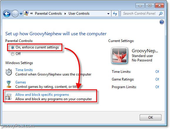قم بتشغيل المراقبة الأبوية في Windows 7 لمستخدم معين ثم السماح ببرامج معينة وحظرها