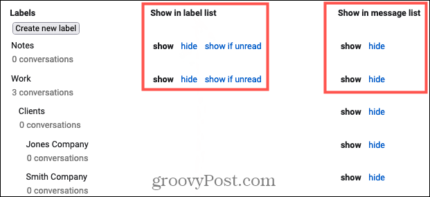 إظهار أو إخفاء التصنيفات في Gmail