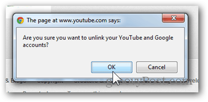 ربط حساب YouTube بحساب Google جديد - انقر فوق "موافق" لإلغاء ربط الحساب