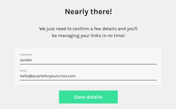 أكد التفاصيل الخاصة بك لإنهاء إعداد حساب Linktree الخاص بك.