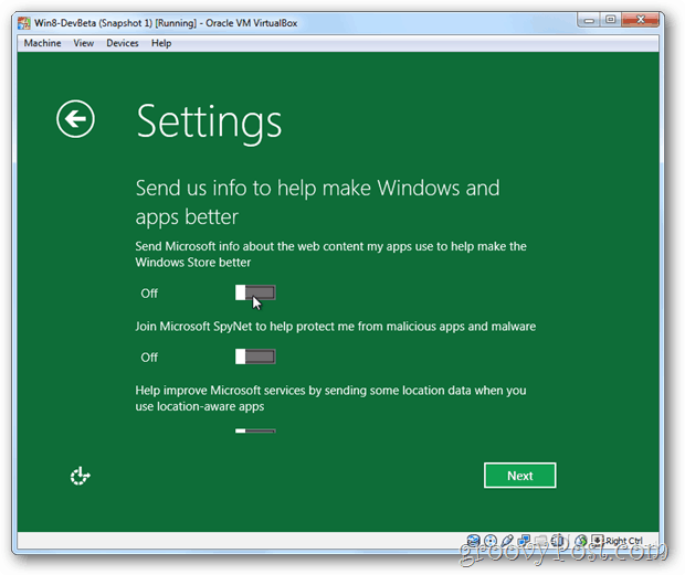 معلومات خصوصية VirtualBox Windows 8 إلى Microsoft
