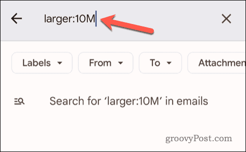 تحديد معايير حجم البريد الإلكتروني في شريط بحث Gmail على الهاتف المحمول