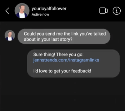 مثال على رسالة مباشرة على instagram مع ارتباط مضمن في استجابة الرسالة