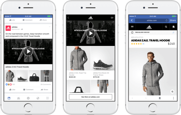 باستخدام شكل إعلان المجموعة الجديد من Facebook ، يمكن للعلامات التجارية عرض مقطع فيديو أو صورة أساسية تؤدي إلى تجربة تسوق غامرة وسريعة التحميل على Facebook. 