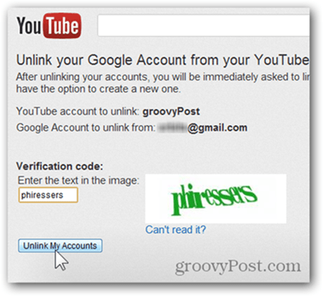 ربط حساب YouTube بحساب Google جديد - انقر فوق Unlink Accounts