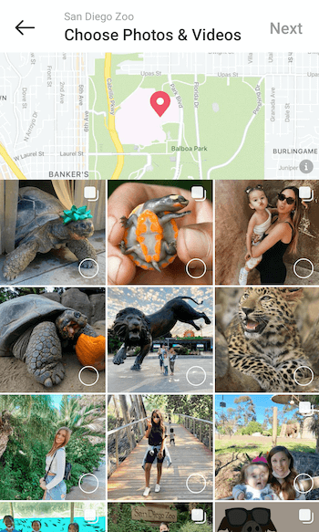 مثال على إنشاء دليل أماكن instagram لـsandiegozoo عند خيار تحديد الصور ومقاطع الفيديو مع العديد من المنشورات على سبيل المثال المعروضة للاختيار