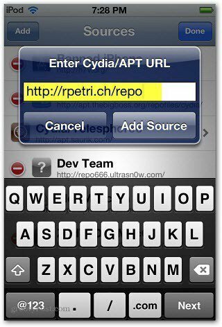 أدخل Cydia APT URL