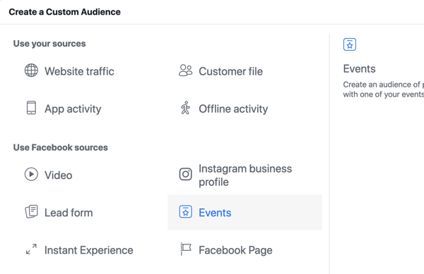 كيفية الترويج لحدثك المباشر على Facebook ، الخطوة 10 ، قم بإنشاء جمهور مخصص في Facebook Ads Manager بناءً على مشاهدات صفحة الحدث