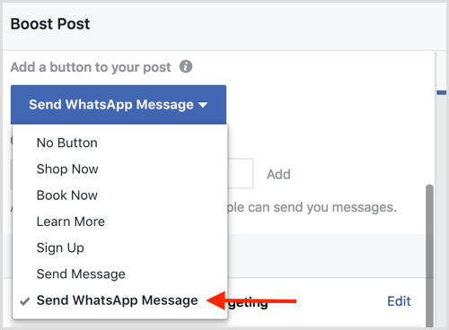 حدد خيار إرسال رسالة WhatsApp عندما تقوم بتعزيز منشور على Facebook.