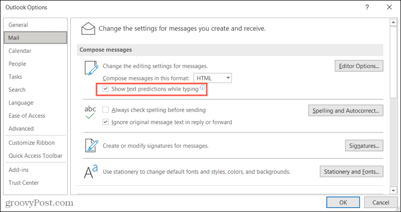 قم بتمكين التنبؤات النصية في Outlook على Windows