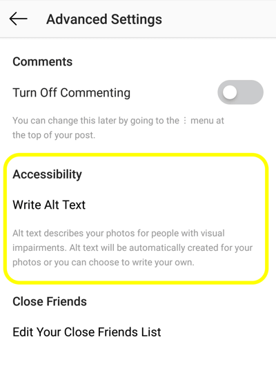 كيفية إضافة نص بديل إلى منشورات Instagram ، الخطوة 2 ، خيار إمكانية الوصول إلى منشورات Instagram لتعيين علامة بديل