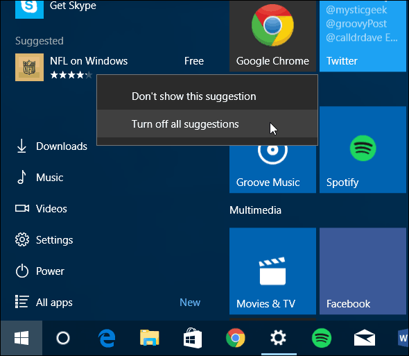 قائمة ابدأ في Windows 10 قم بإيقاف تشغيل التطبيقات المقترحة