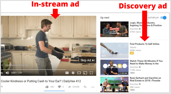 أمثلة على إعلانات ضمن البث المباشر وإعلانات AdWords على موقع YouTube.