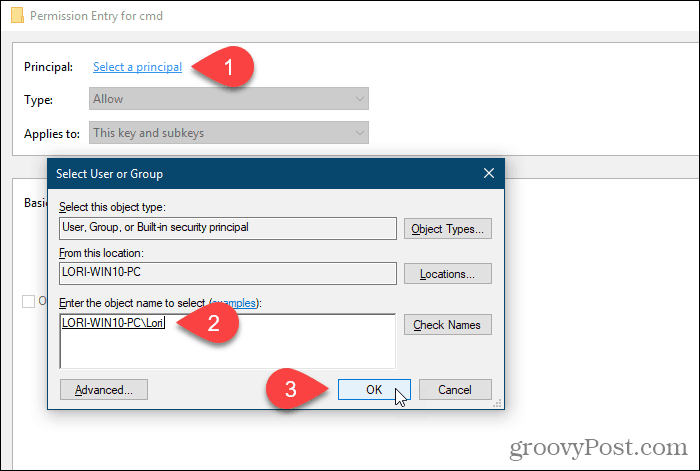 انقر فوق تحديد أساس وحدد مستخدمًا أو مجموعة للأذونات في تسجيل Windows