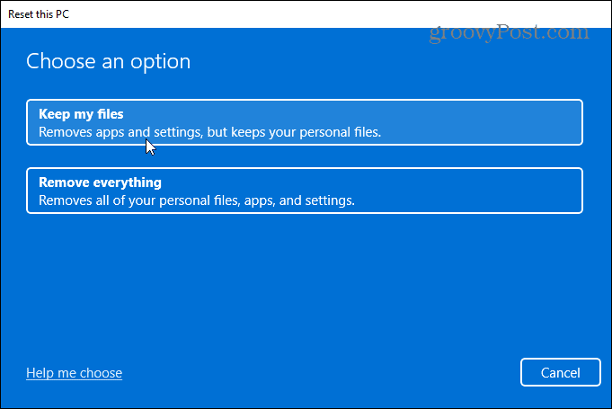 إعادة تعيين سحابة الكمبيوتر الشخصي هذه أو نظام التشغيل Windows المحلي 11