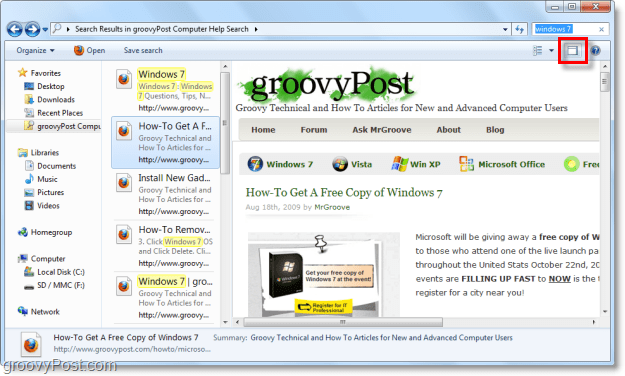 استخدم جزء المعاينة windows 7 لعرض مواقع الويب عبر موصل البحث في نافذة المستكشف