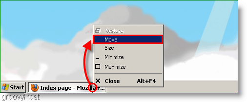 لقطة شاشة لنظام التشغيل Windows XP - تحريك النافذة