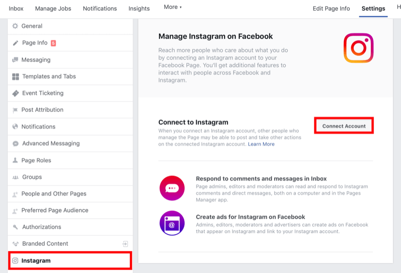 كيفية ربط صفحة Facebook بحساب الأعمال Instagram في إعدادات صفحة Facebook