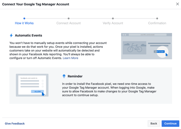 استخدم Google Tag Manager مع Facebook ، الخطوة 6 ، زر المتابعة عند توصيل Google Tag Manager بحسابك على Facebook