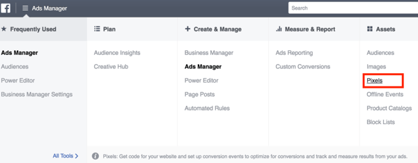 لإعداد Facebook pixel ، افتح Ads Manager لتحديده.