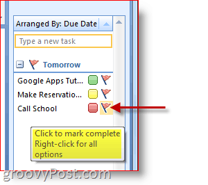 شريط المهام في Outlook 2007 - انقر فوق علامة المهمة لوضع علامة "مكتمل"