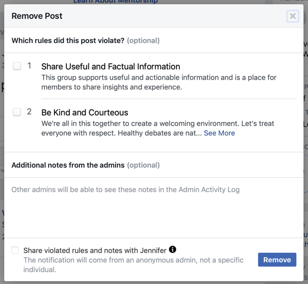 كيفية تحسين مجتمع مجموعة Facebook الخاص بك ، مثال على خيار Facebook لتحديد القاعدة (القواعد) التي انتهكها المنشور ، وكذلك خيار إخطار العضو
