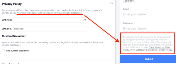 مثال على سياسة الخصوصية المدرجة في خيارات حملة إعلانية على Facebook.