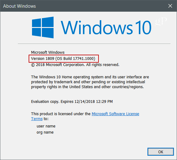 Winver إصدار Windows 10 1809