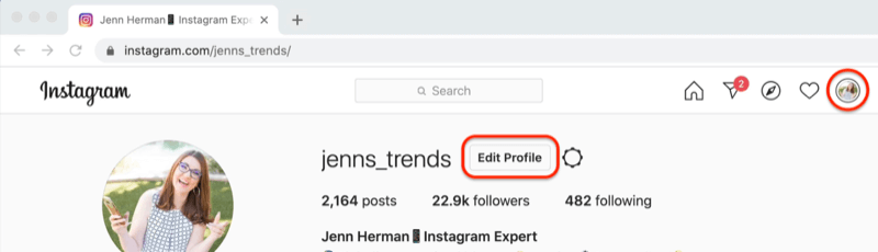 لقطة شاشة لملف تعريف instagram مع تمييز زر "تعديل الملف الشخصي"