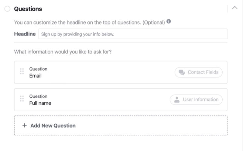 قسم الأسئلة في عملية إعداد نموذج Facebook Lead Form