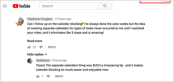 تستخدم Amy Landino الأمر Find للبحث عن علامات الاستفهام في تعليقات فيديو YouTube الخاصة بها. يظهر مربع البحث في الجزء العلوي الأيمن من نافذة المتصفح. بعد البحث عن علامة استفهام ، يتم تمييز الحرف باللون الأصفر على صفحة الفيديو على الويب.