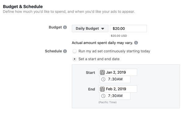 خيارات الميزانية والجدول الزمني لحملة إعلانية رائدة على Facebook.