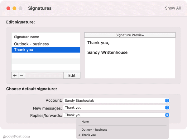 حدد التوقيع الافتراضي في Outlook