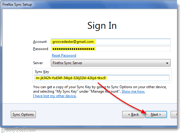 قم بتسجيل الدخول إلى مزامنة فايرفوكس باستخدام البريد الإلكتروني وكلمة المرور ومفتاح المزامنة