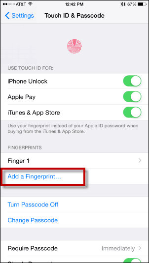 انقر فوق إضافة بصمة إصبع - إضافة بصمة الإصبع إلى Touch ID
