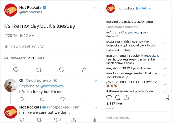 مشاركة Hot Pockets على Instagram مع فكاهة غريبة عن العلامات التجارية.