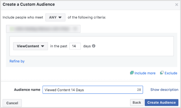 اختر خيارات لإنشاء موقع ويب للجمهور المخصص على Facebook استنادًا إلى حدث ViewContent 