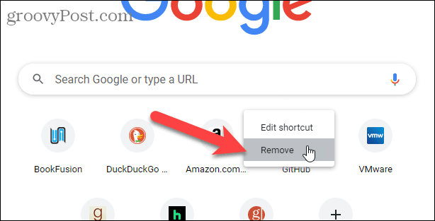 حدد إزالة من اختصار في صفحة علامة تبويب جديدة في Chrome