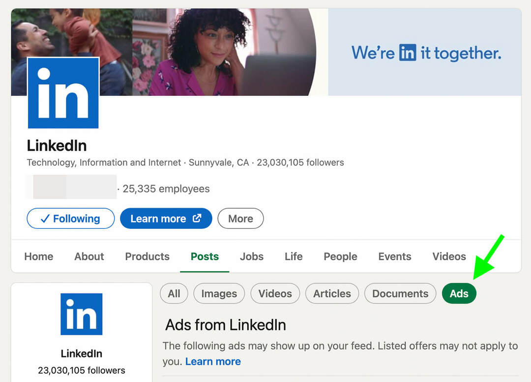كيفية البحث عن المنافسين LinkedIn-ads-posts-tab-step-2
