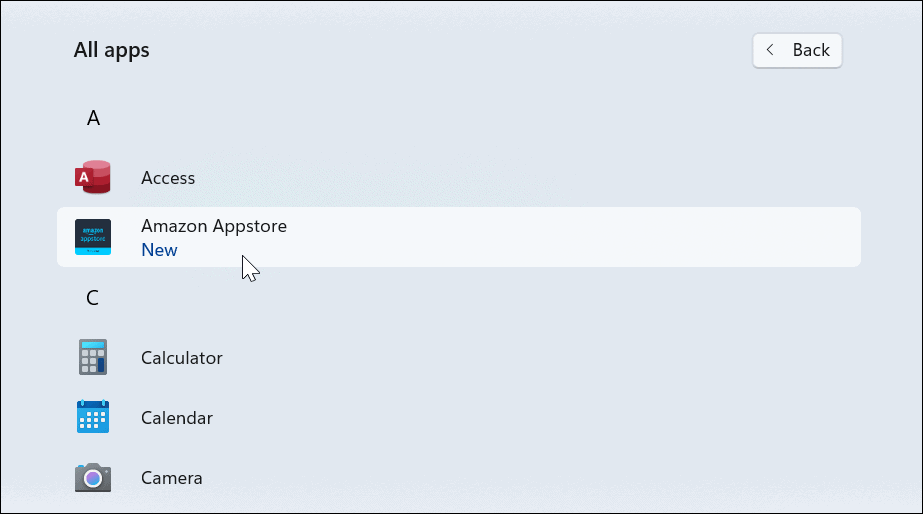 Amazon Appstore Start menu Windows 11